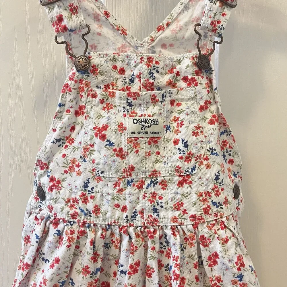 Oshkosh B'gosh Red White Blue Floral Overall Dress Cotton Girls Size 3T